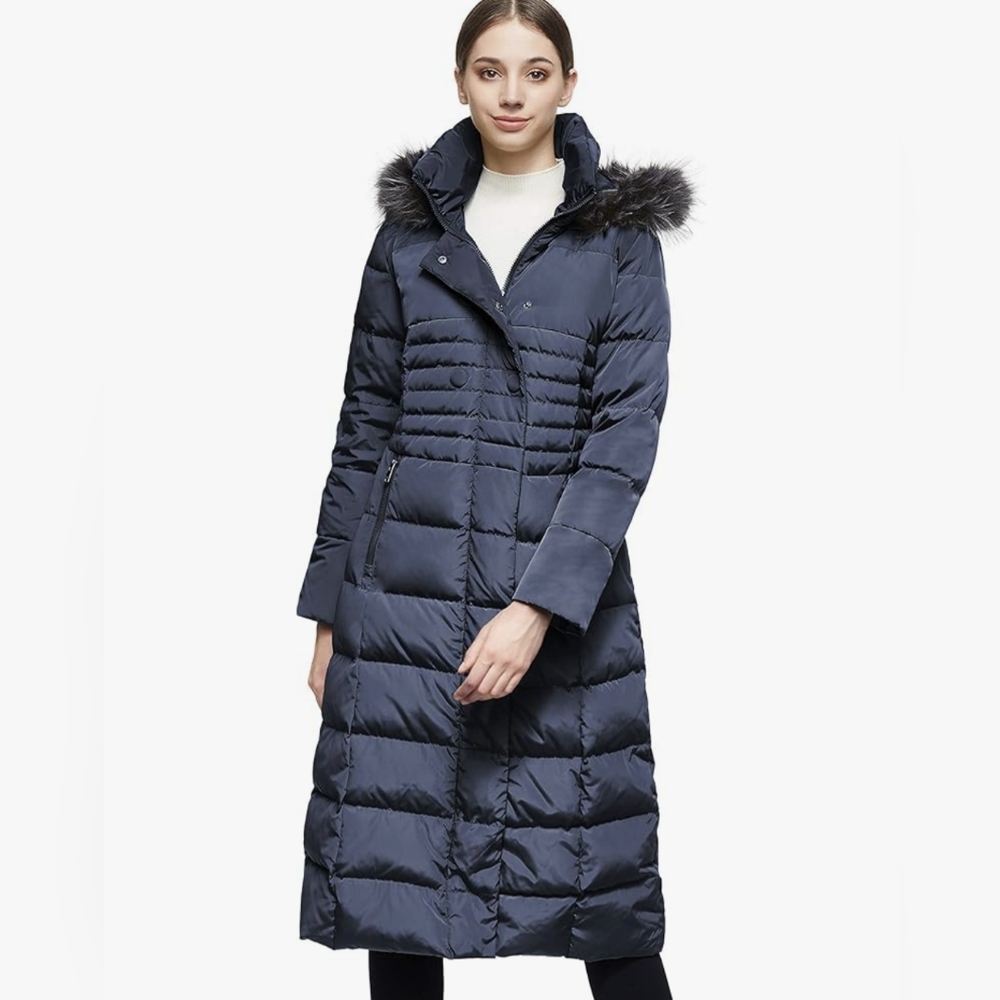 Orolay Women Warm Down Jacket with Hood Fur Long Puffer Coat (Navy Blue - Small)